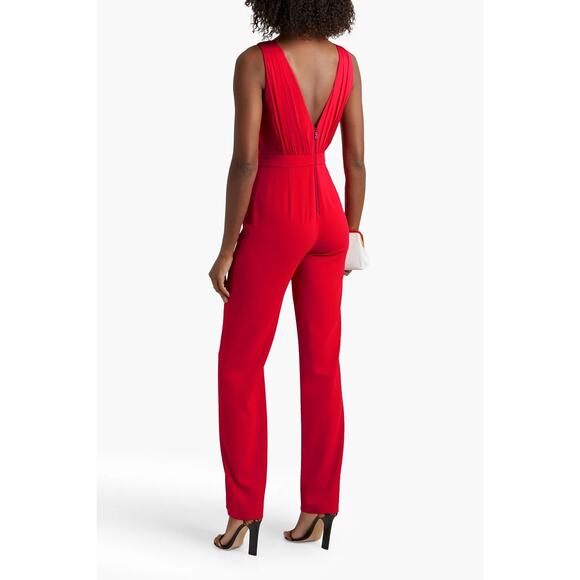 Alice + Olivia Gale Deep V-Neck Sleeveless Wide Leg Red Crepe Jumpsuit Size 12 - Picture 2 of 9